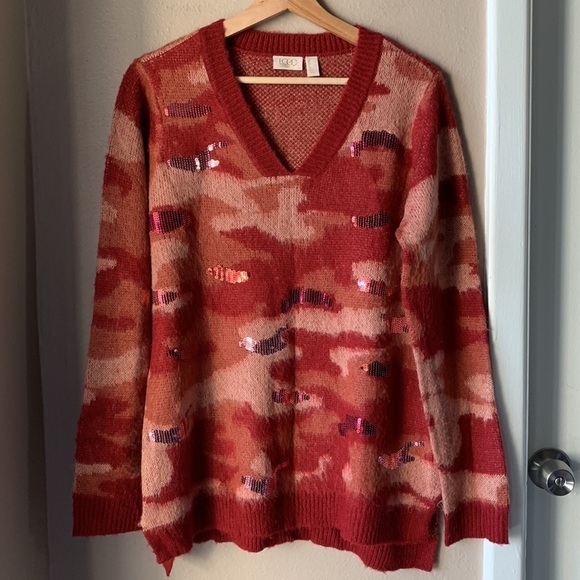 LOGO LAVISH BY LORI GOLDSTEIN Oversized Rust Sequin Long Sleeve Camo Sweater - Picture 5 of 11